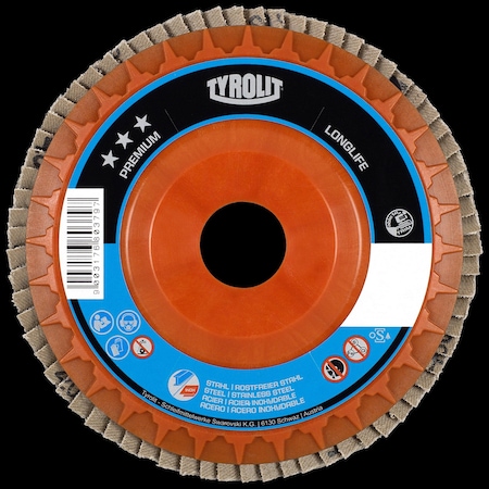 Tryolit Abrasives TYROLIT Premium LONGLIFE Trimmable Flap Disc, 4-1/2" x 7/8", Type 27, ZA 80 Grit 680376